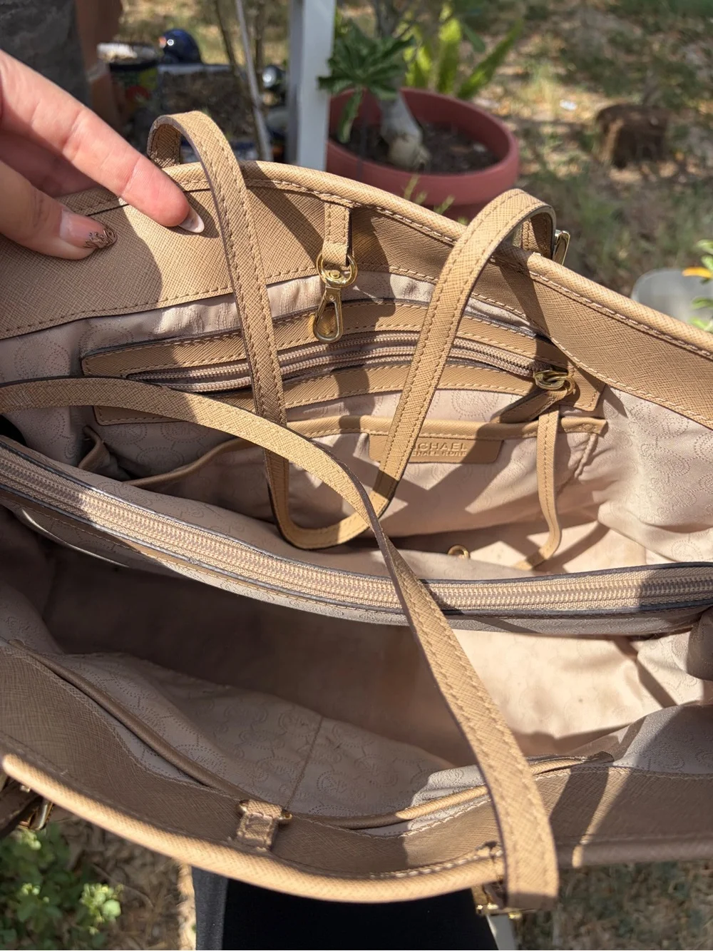 Michael Kors Beige/Tan Saffiano Leather Tote with Gold Logo Charm